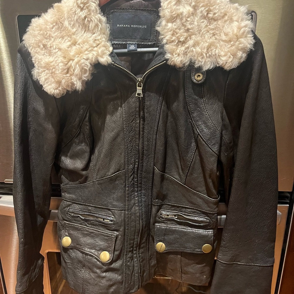 Banana Republic Dark Brown Leather Jacket with Cream Faux Fur Collar